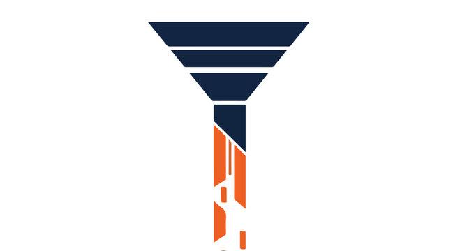 Abstract sales funnel icon with navy blue and orange segments on white background