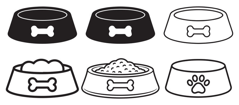 Black pet food bowl with bone and outline kibble bowl icons. vector illustration eps 10