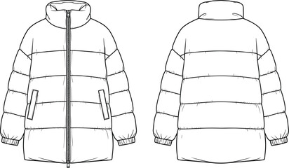 Men’s puffer jacket technical fashion sketch, front and back views with quilted sections and zipper closure, vector illustration – flavector © MdMasud