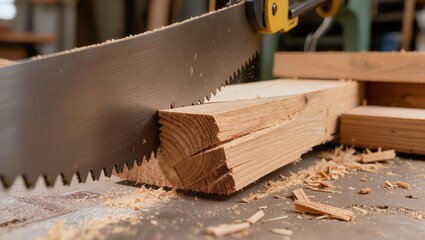 Close-up of hand saw cutting wood with visible grain. Scene illustrates woodworking, carpentry craftsmanship, and traditional manual tool use in workshop settings