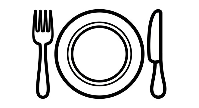 A simple and clean line art illustration of a plate with a fork and knife, perfect for representing dining and food services
