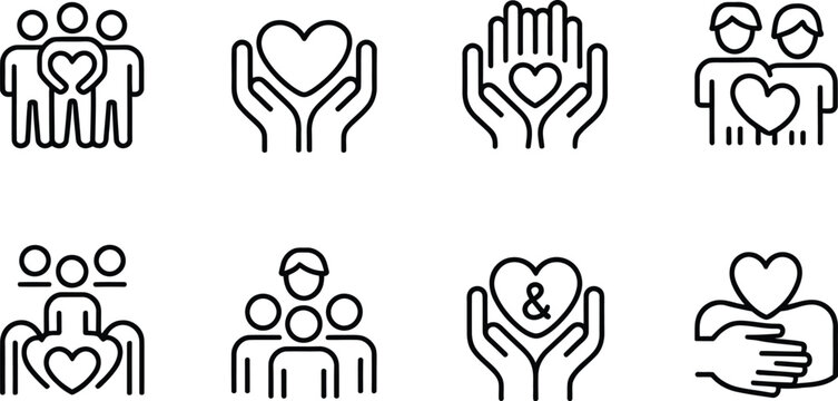 Care, support and community line icons set with heart hands and people connection symbols

