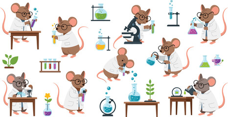 Obraz premium Cute mouse scientist cartoon vector set funny animal laboratory characters doing chemistry experiments science illustration