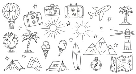 Collection of Hand-Drawn Travel and Adventure Outline Icons Representing Summer Vacation, Global Exploration, and Holiday Destinations © Fatima