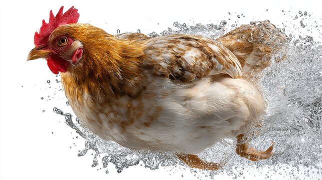 Water-Splashing Chicken: A majestic rooster fearlessly strides through a burst of water, displaying its vibrant plumage. This image captures motion and freedom