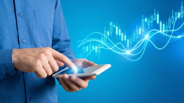 Businessman tapping smartphone screen for digital stock market trading. Virtual financial chart data displaying bull market growth. Smart investor strategy for forex exchange profit.