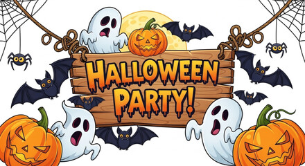 Obraz premium Halloween Party Banner with Wooden Sign – Cartoon Holiday Vector Illustration