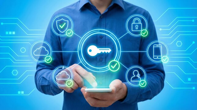 Professional man tapping smartphone screen for secure passkey authentication and digital encryption key login in cybersecurity access control concept