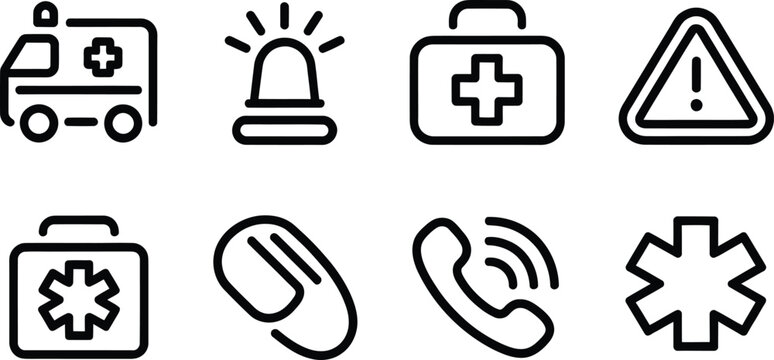 Emergency siren, medical kit, phone and magnet line icons set for alert, health and communication

