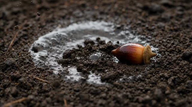Cinematic slow motion seed falling soil closeup capturing an acorn landing on wet earth with water splash details.