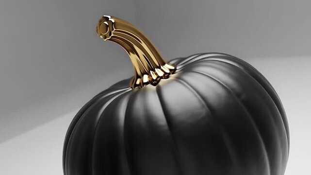 A black pumpkin with a gold stem sits on a white surface in a studio.