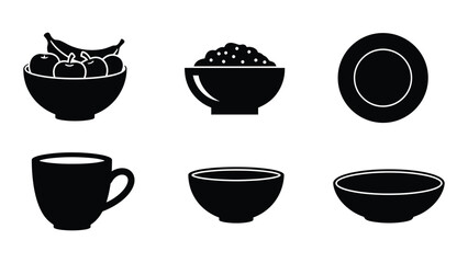 A collection of various kitchen tableware and food items in black silhouette on a white background