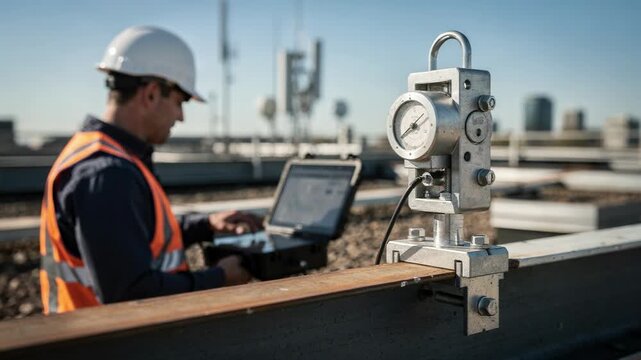 Structural load test setup on commercial rooftop with engineer observing monitoring screen clear focus on deflection gauge with blurred antenna and sky.
