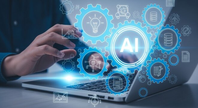 Professional businessman using laptop computer for AI driven document automation and intelligent text generation with RAG retrieval data extraction concept in office