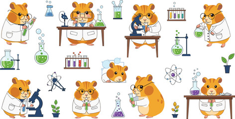 Obraz premium Cute hamster scientist cartoon vector set funny animal laboratory characters doing chemistry experiments science education illustration.eps