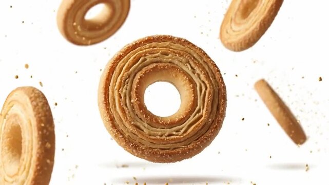 Delicious cookies are flying through air with crumbs falling around them on white background.