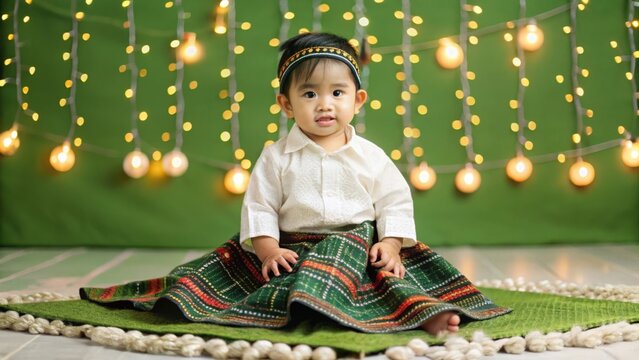 Child in Traditional Filipino Tapis Outfit with Festive Lights
