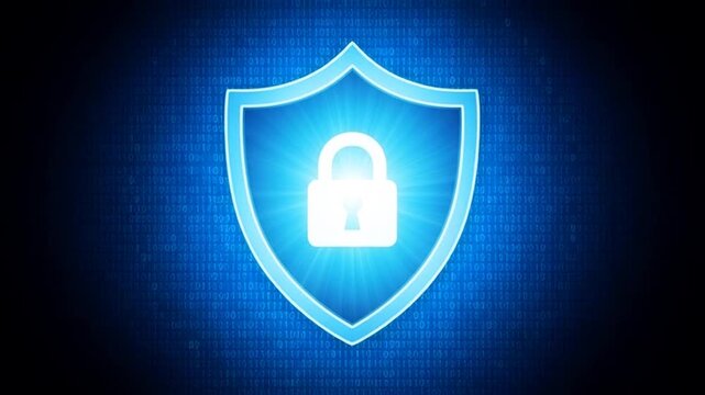 A glowing blue shield with a padlock is displayed on a digital background.