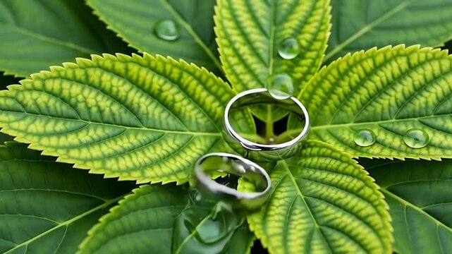 Two silver wedding rings rest on vibrant green leaves in a serene natural setting.