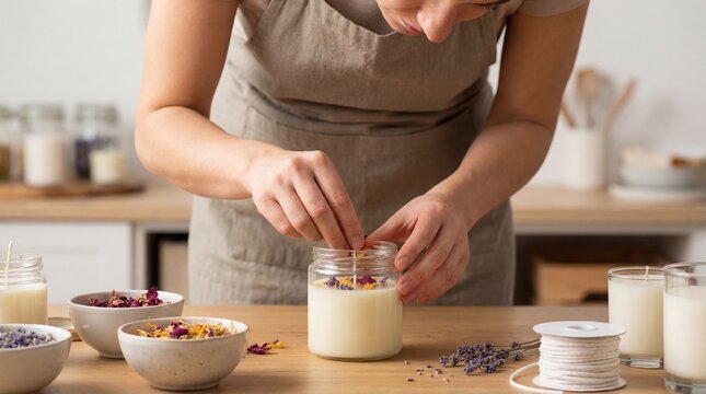 Woman making scented candles with dried flowers in a cozy workshop  