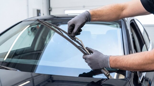 Hands replacing windshield wiper blades on a car in auto service  