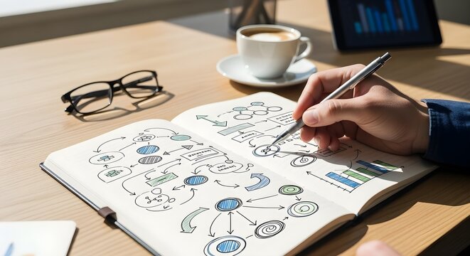 hand drawing business mind map on paper with coffee and glasses on wooden table