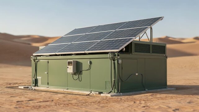 Medium shot highlighting the solar panel array and ventilated roof of a green telecom shelter set in a sandy desert with distant dunes softly out of focus.