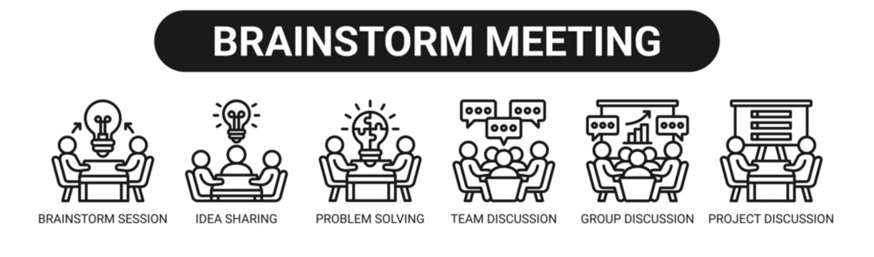 Brainstorm Meeting web banner icon vector illustration concept with icons of brainstorm session, idea sharing, problem solving, team discussion, group discussion, and project discussion.