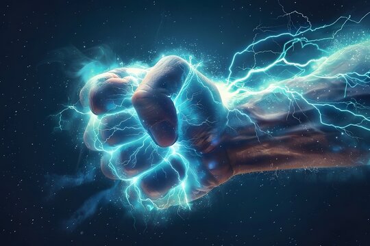 Human hand controlling electric energy with lightning power in futuristic science concept, glowing electricity force symbolizing energy control, power technology and superhuman strength
