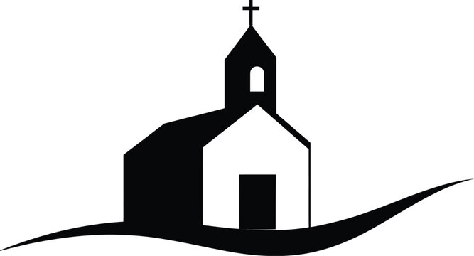 Black church silhouette vector illustration with cross roof, windows and door in simple architectural icon style