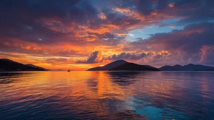 Tableau sur plexiglas Réflexion Stunning sunset view over calm ocean with colorful sky reflected on water's surface  © Nick