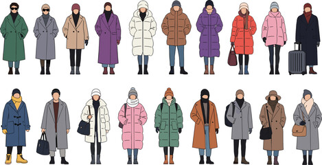 Collection of people wearing winter coats and jackets, stylish cold weather fashion characters isolated on light background © KagenChandro