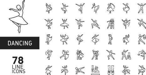 Set of dancing line icons with various dance poses, minimal outline dancer collection isolated on light background for design © KagenChandro