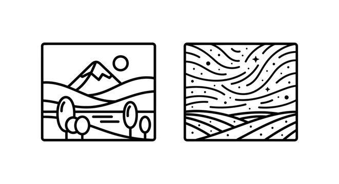 Stylized landscape and starry sky icons for nature and ether themes