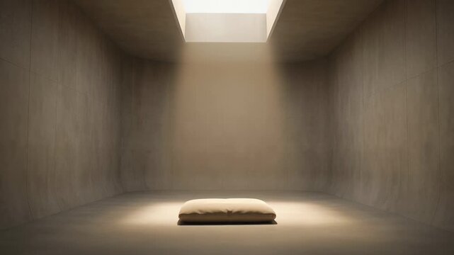 Minimalist interior space with a soft cushion illuminated by natural light streaming through a skylight, creating a serene atmosphere in a concrete room