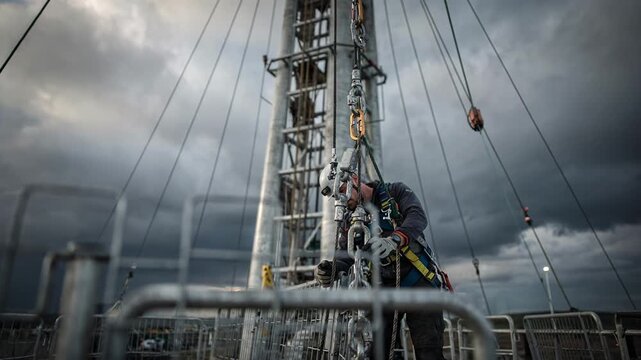Rigger in harness focused on detailed inspection of cable attachments on a tall mast with blurred anticlimb barriers and atmospheric storm clouds behind.