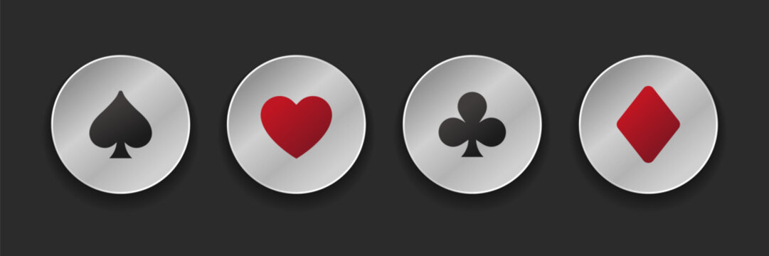 Card suit icons and buttons vector, clubs diamonds hearts spades icons. Card games, casino poker and gambling graphic elements. EPS10.