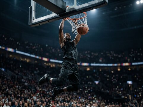 Basketball player in black uniform dunking ball into hoop during intense game in packed indoor stadium with focused crowd and bright arena lights