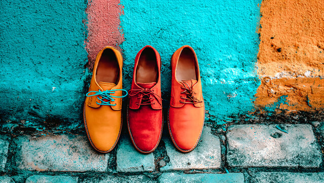 Trois chaussures d'homme pos&eacute;es contre un mur sur le trottoir