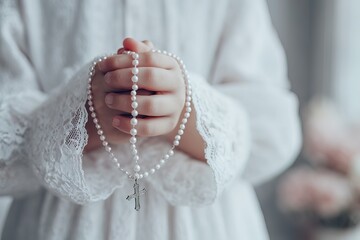Naklejka premium A young girl stands in church wearing a white communion dress. She holds a rosary close to her chest as she prepares for her first communion and prayer. The setting is bright and joyful