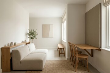Fototapeta premium Horizontal narrow apartment interior with sofa and dining workspace by window