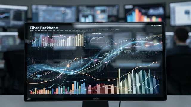 Focused middle shot of fiber backbone status panel presenting predictive alerts and data trends telecom monitoring center busy with unfocused operators in background.