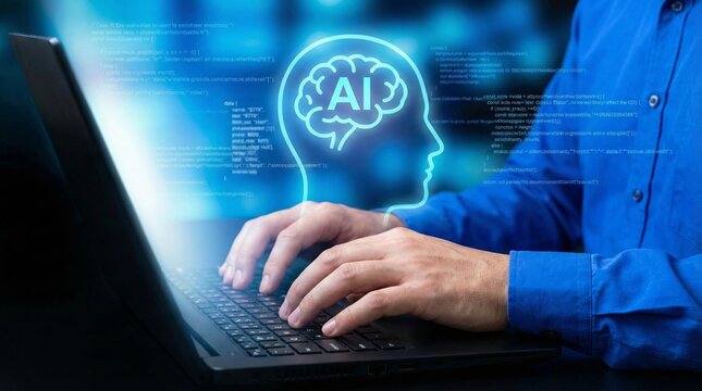 Software engineer programming artificial intelligence data model for digital development integration. Virtual algorithm technology system processing computer application solution for smart information