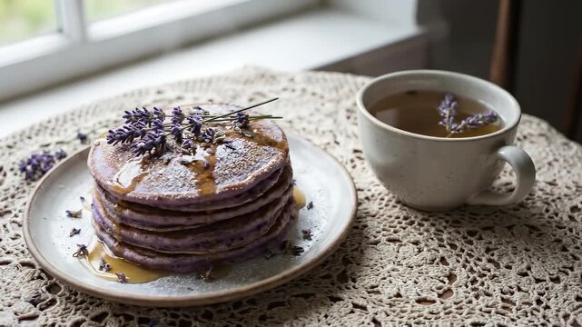 A stack of fresh lavender pancakes with honey and a cup of herbal tea on a rustic table. Cozy weekend breakfast, delicious homemade dessert, healthy sweet food, aesthetic morning meal.