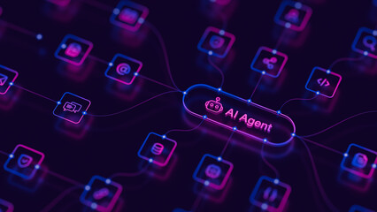 AI agentic workflow automation artificial intelligence agent software interface nodes triggers data tool dashboard coding icon flow process database technology 3d rendering.