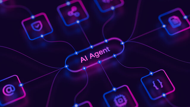 AI agentic workflow automation artificial intelligence agent software interface nodes triggers data tool dashboard coding icon flow process database technology 3d rendering.