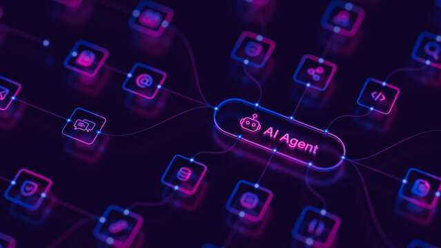 AI agentic workflow automation artificial intelligence agent software interface nodes triggers data tool dashboard coding icon flow process database technology 3d rendering.