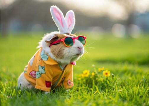 Cute Adorable Guinea Pig with Bunny Ears and Sunglasses in a Colorful Shirt Outdoors