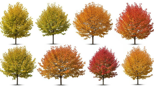 A vibrant collection of autumn trees with red and orange maple leaves stands against a blue sky in a colorful forest landscape