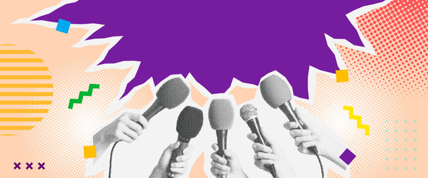 Press Conference Microphones with Hands - Pop Art Memphis Style Banner with Geometric Shapes and Halftone Patterns